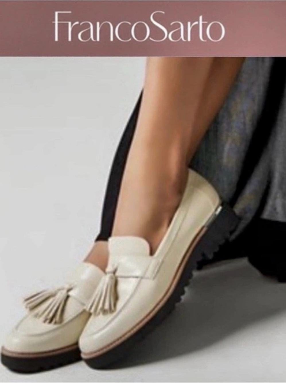 Franco Sarto Carolynn Leather Lug Sole Tassel Loafer in Chalk White Size 9